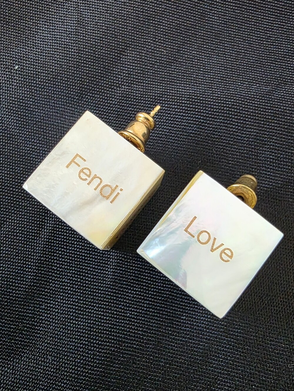 Auth Fendi Mother-of-Pearl 'Logo Cube Stud Earrings
